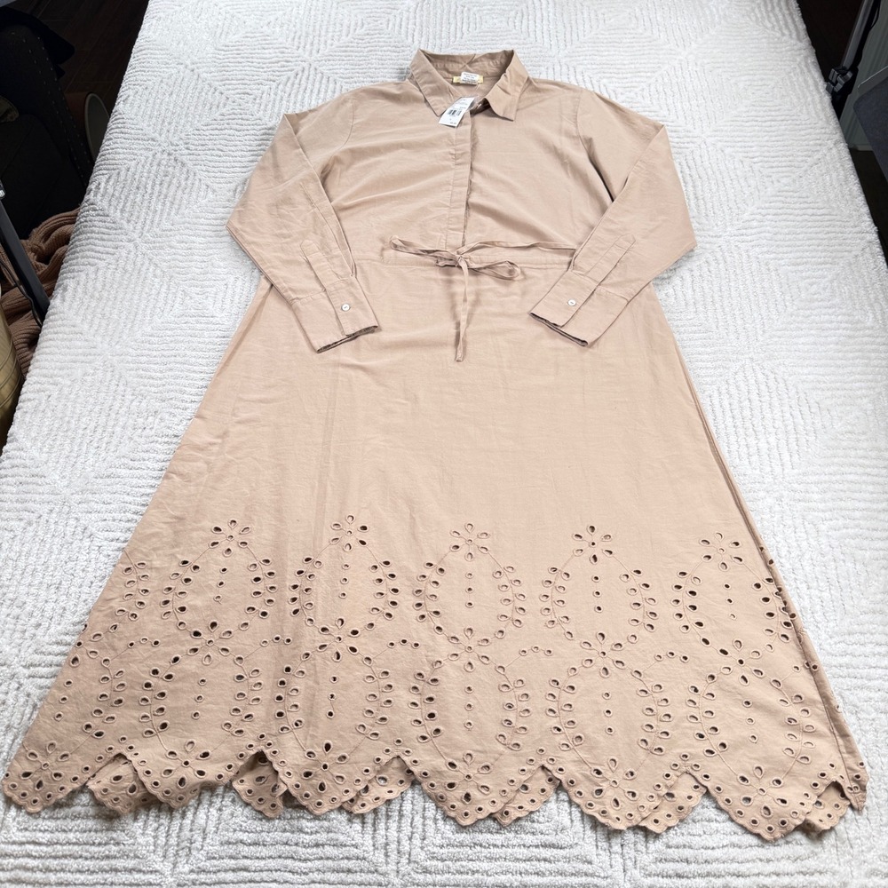 Sweet Magnolia Eyelet Shirtdress Women's Large Tan Boho Cottagecore NWT Prairie
